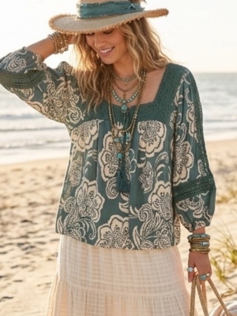 Angie | Rayon Bobo Crochet Sleeve & Bodice Like New Oversized Blouse Sz Sm/Med